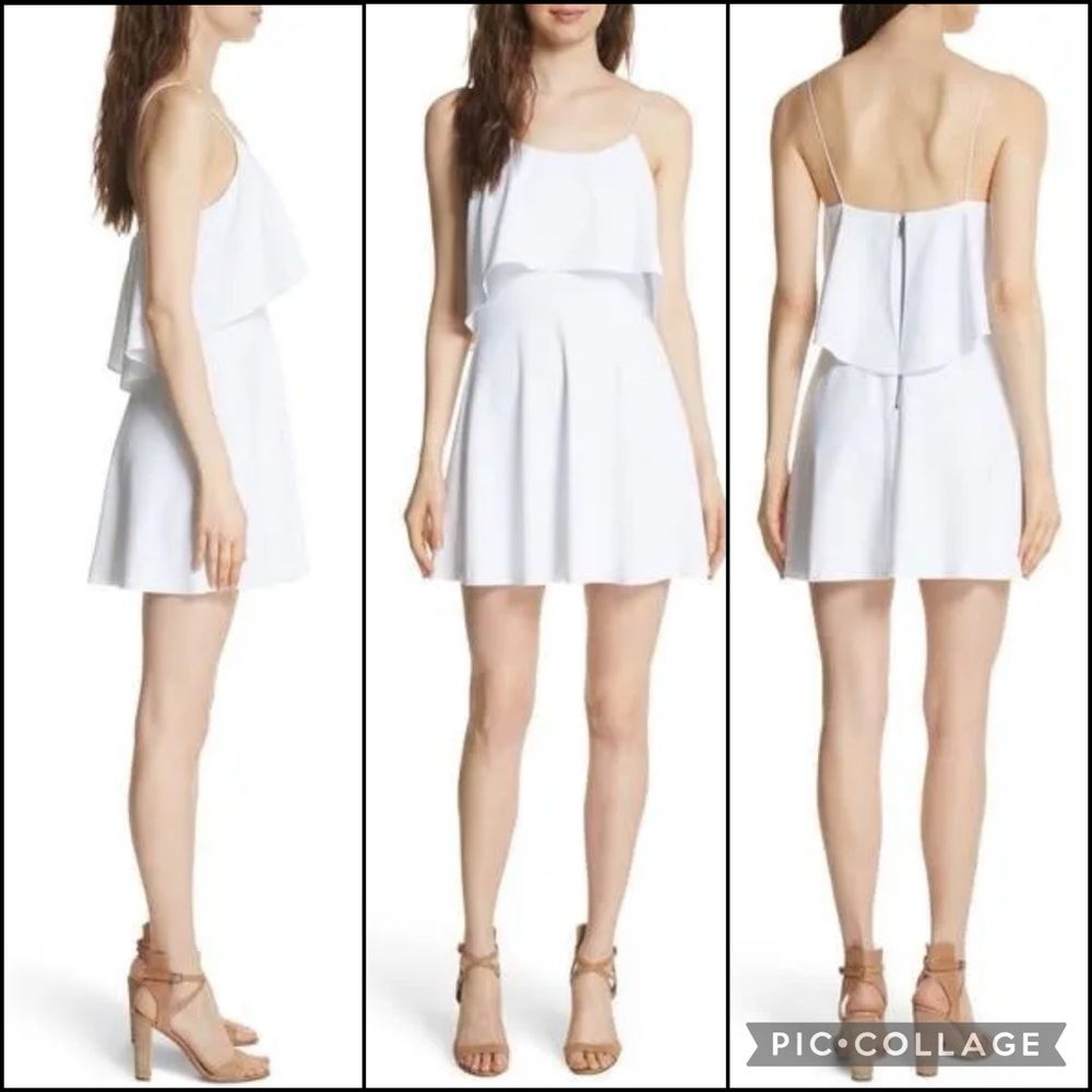 Alice + Olivia White Silk Blend Crepe Flounce Ruffle Popover Bodice Mini Dress - Picture 3 of 14
